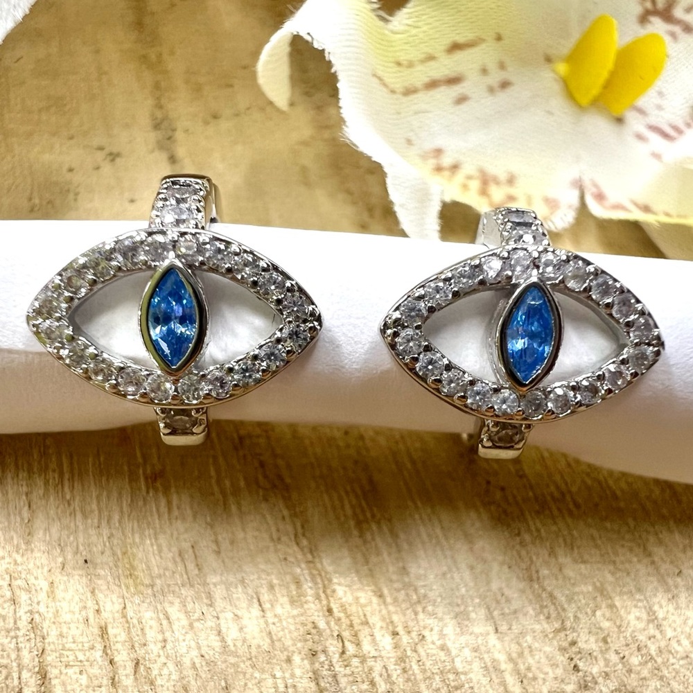 Blue Crystal Eye Tiny Round Hoop Earrings